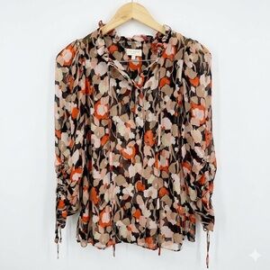 Ted Baker London Abstract Floral Ruffle Neck Blouse Sheer Orange Tan Size 1
